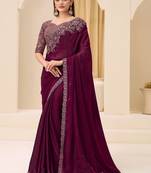 purple wine satin ethnic embellished festive wear matching blouse sarees