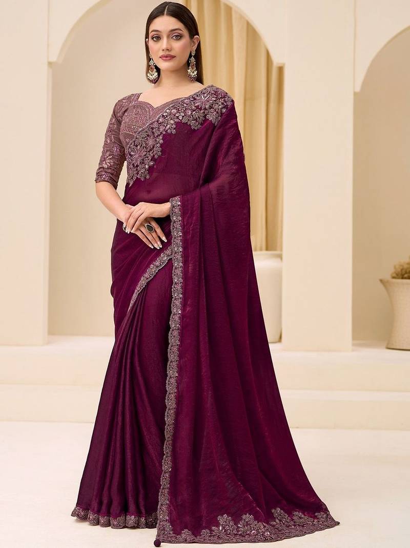 purple wine satin ethnic embellished festive wear matching blouse sarees