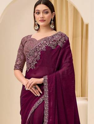 purple wine satin ethnic embellished festive wear matching blouse sarees 2