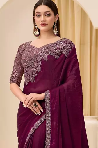 purple wine satin ethnic embellished festive wear matching blouse sarees