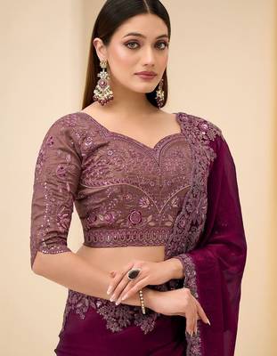 purple wine satin ethnic embellished festive wear matching blouse sarees 3