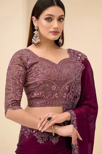 purple wine satin ethnic embellished festive wear matching blouse sarees