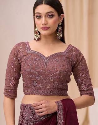 purple wine satin ethnic embellished festive wear matching blouse sarees 5
