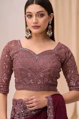 purple wine satin ethnic embellished festive wear matching blouse sarees