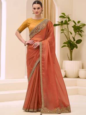 orange rust satin ethnic embellished festive wear matching blouse sarees 1
