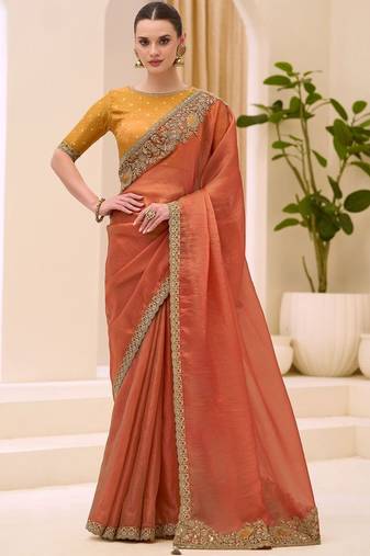 orange rust satin ethnic embellished festive wear matching blouse sarees