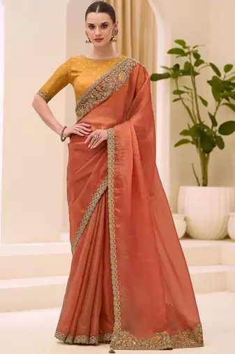 orange rust satin ethnic embellished festive wear matching blouse sarees