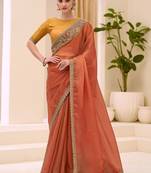 orange rust satin ethnic embellished festive wear matching blouse sarees