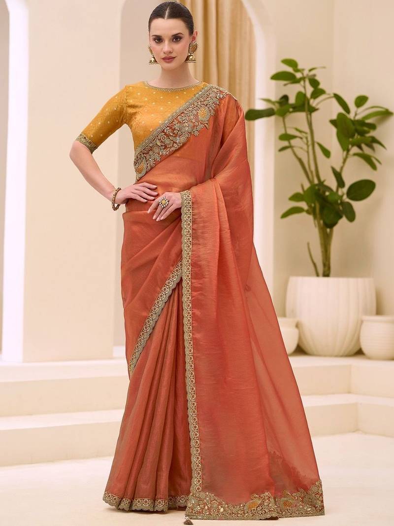 orange rust satin ethnic embellished festive wear matching blouse sarees