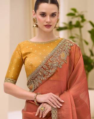 orange rust satin ethnic embellished festive wear matching blouse sarees 2