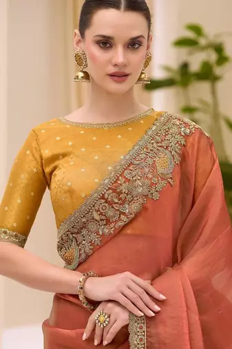 orange rust satin ethnic embellished festive wear matching blouse sarees