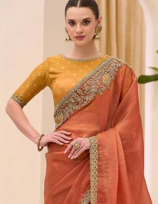 orange rust satin ethnic embellished festive wear matching blouse sarees 3