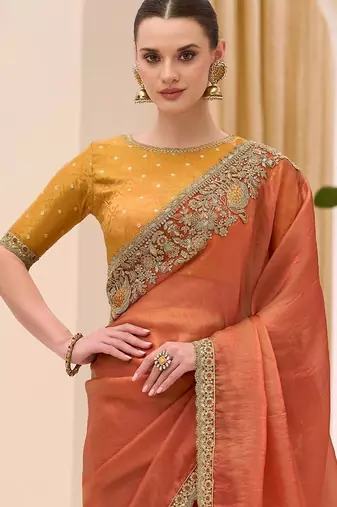 orange rust satin ethnic embellished festive wear matching blouse sarees