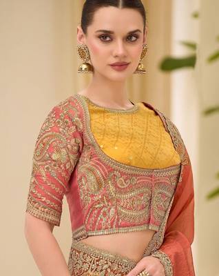 orange rust satin ethnic embellished festive wear matching blouse sarees 4