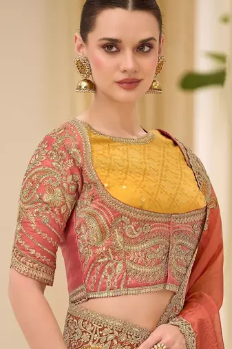 orange rust satin ethnic embellished festive wear matching blouse sarees
