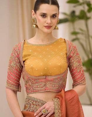 orange rust satin ethnic embellished festive wear matching blouse sarees 5