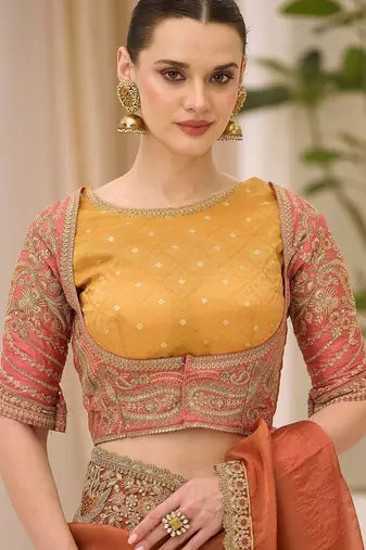 orange rust satin ethnic embellished festive wear matching blouse sarees