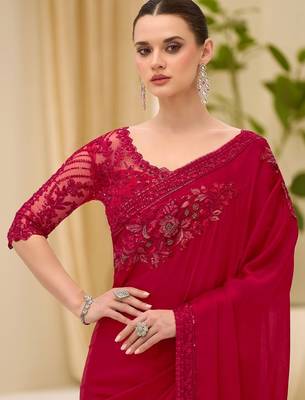 red floral sequinned satin designer saree 1
