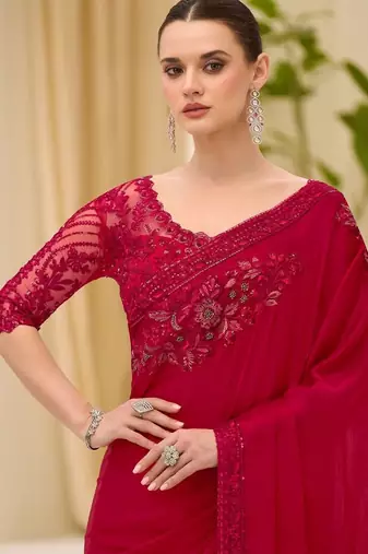 red floral sequinned satin designer saree