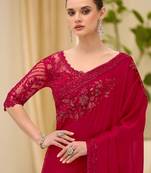 red floral sequinned satin designer saree