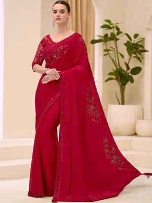 red floral sequinned satin designer saree 2