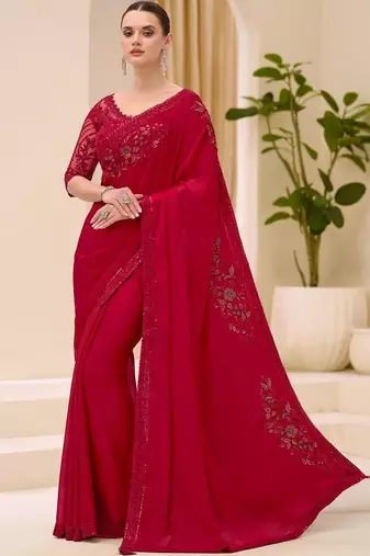 red floral sequinned satin designer saree