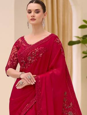 red floral sequinned satin designer saree 3
