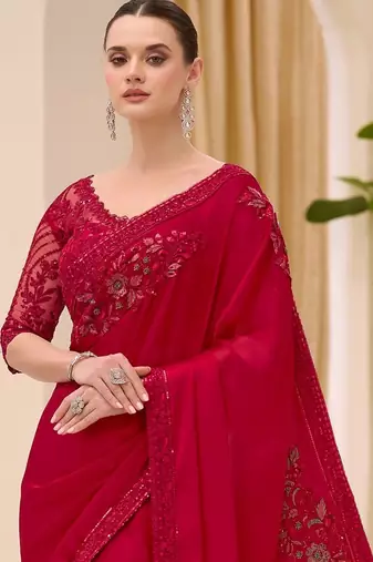 red floral sequinned satin designer saree