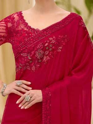 red floral sequinned satin designer saree 4
