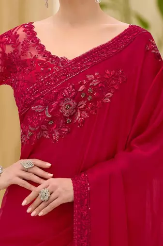 red floral sequinned satin designer saree