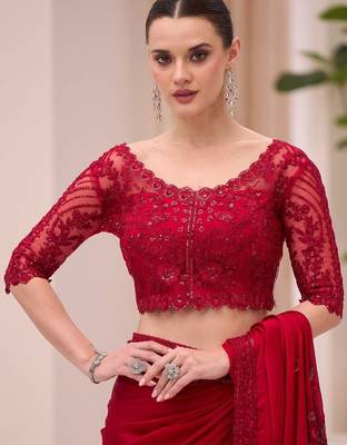 red floral sequinned satin designer saree 5