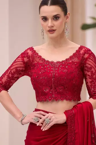 red floral sequinned satin designer saree