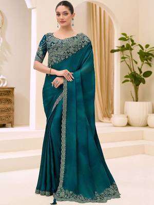 teal embellished sequinned satin designer saree 1
