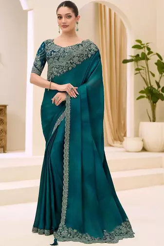 teal embellished sequinned satin designer saree