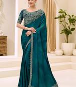 teal embellished sequinned satin designer saree