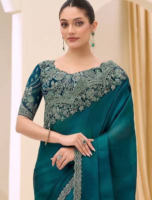 teal embellished sequinned satin designer saree 2