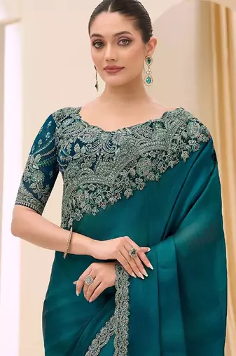 teal embellished sequinned satin designer saree