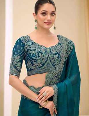 teal embellished sequinned satin designer saree 3