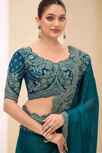 teal embellished sequinned satin designer saree