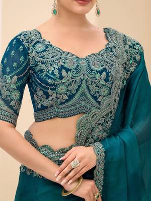 teal embellished sequinned satin designer saree 4