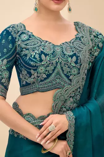 teal embellished sequinned satin designer saree