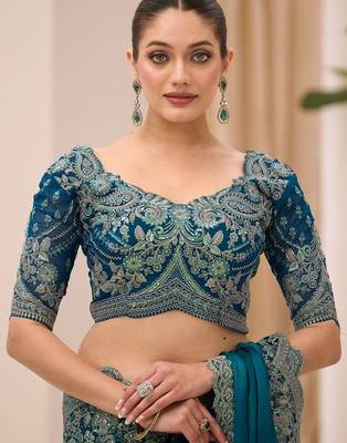 teal embellished sequinned satin designer saree 5