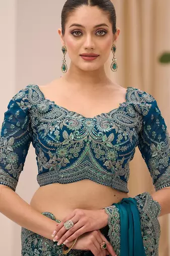 teal embellished sequinned satin designer saree