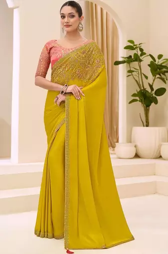 light_lime striped sequinned satin designer saree
