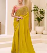 light_lime striped sequinned satin designer saree