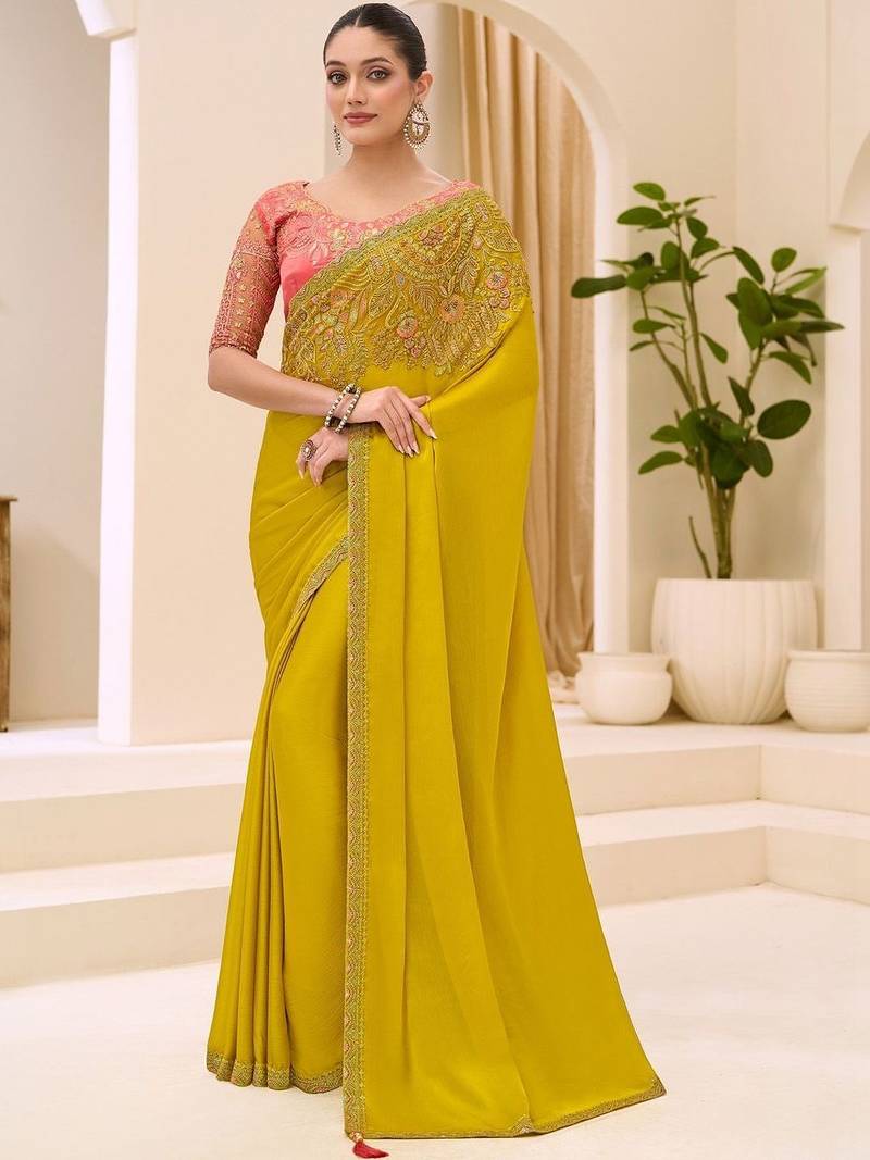 light_lime striped sequinned satin designer saree