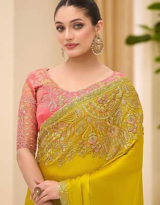 light_lime striped sequinned satin designer saree 2