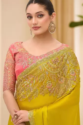 light_lime striped sequinned satin designer saree