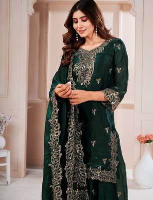 Women embroidered green kurta with palazzo & dupatta set 3