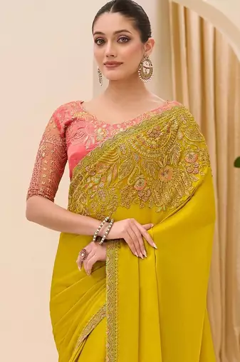 light_lime striped sequinned satin designer saree
